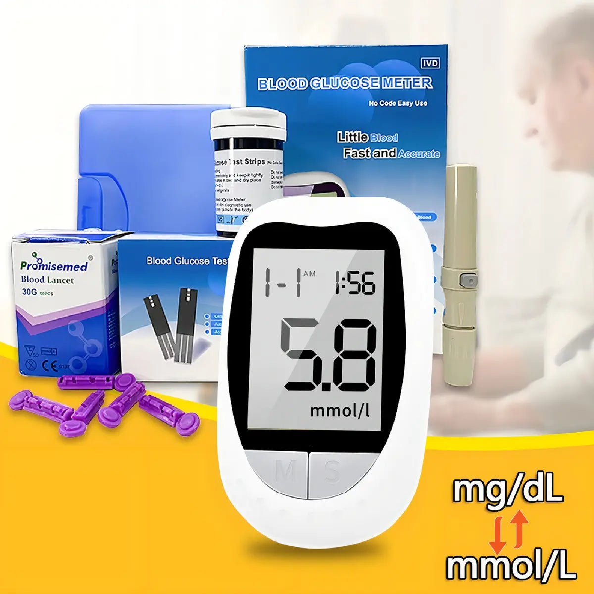 Glucometro Digital Medidor De Glucosa 50 Tiras y 50 lancetas