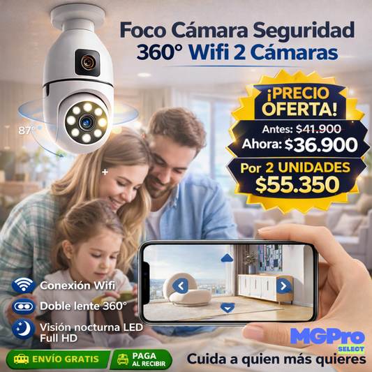 Foco Cámara Seguridad 360° WiFi 2 Cámaras
